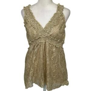 Rue21 Y2K Gold Metallic Mesh Lace Sequin Baby Doll Top L Fairy Retro Glam